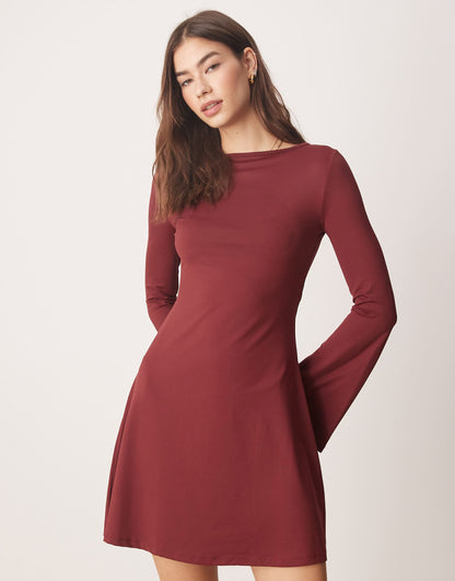 Slash Neck Flute Sleeve Mini Dress With Back Detail