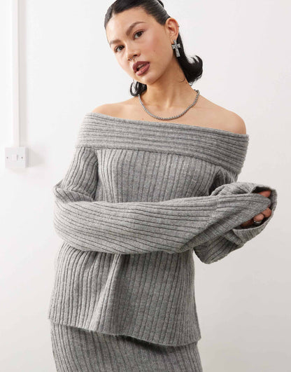 Knitted Ribbed Off The Shoulder Jumper