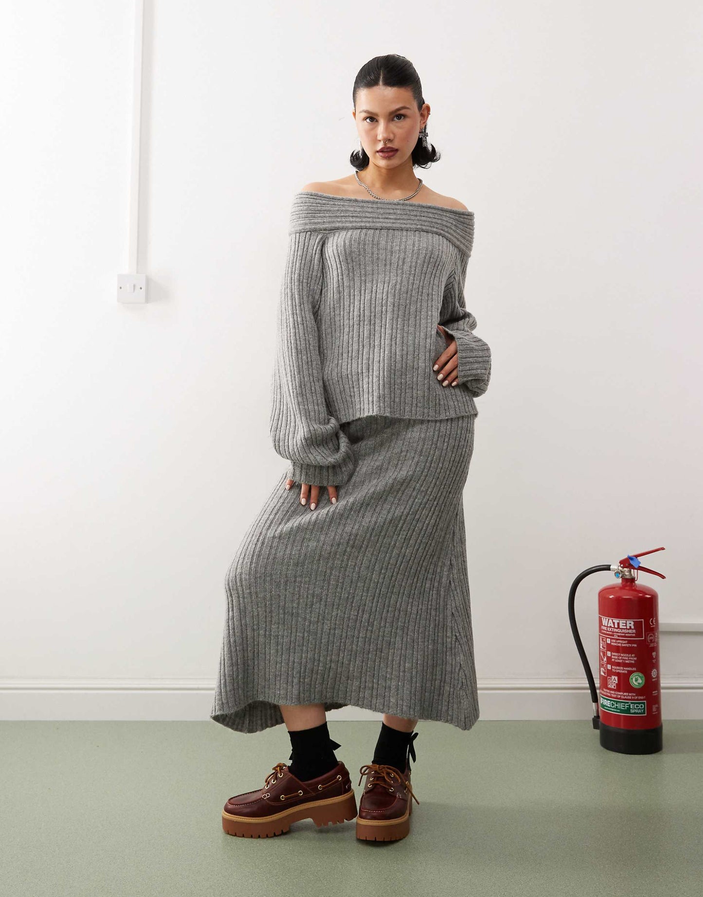 Knitted Ribbed Off The Shoulder Jumper