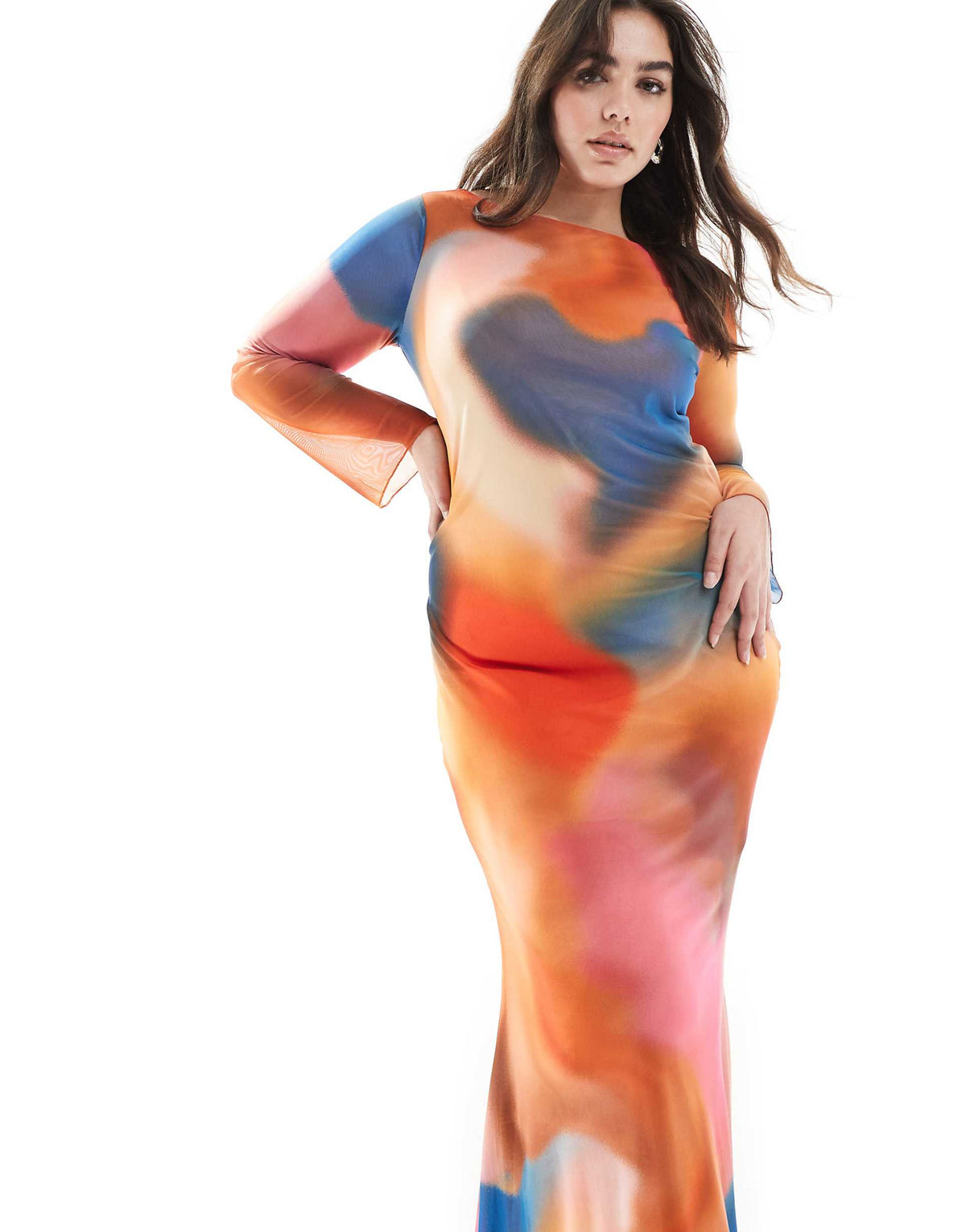 Curve Long Sleeved Mesh Maxi Dress