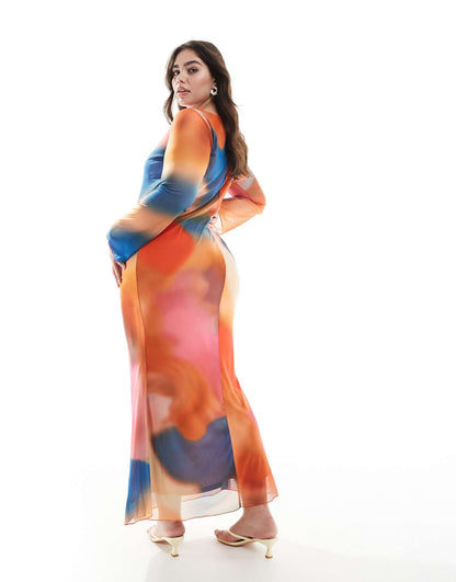 Curve Long Sleeved Mesh Maxi Dress