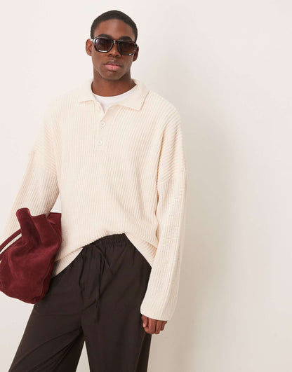 Super Oversized Boxy Fit Ribbed Knitted Polo