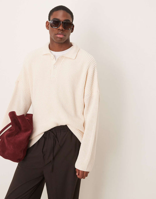 Super Oversized Boxy Fit Ribbed Knitted Polo