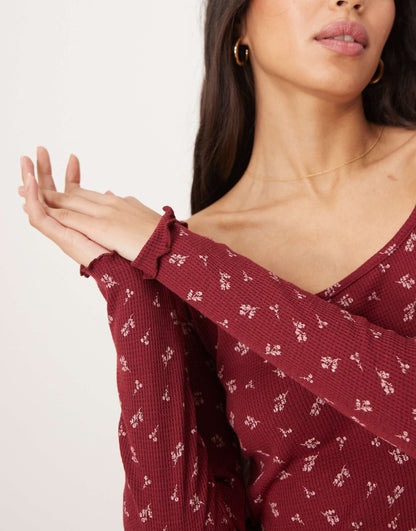 Printed Ditsy Waffle Scoop Neck Top