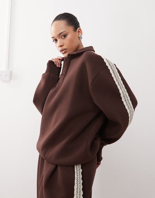 Unisex Lace Trim Polo Sweatshirt Co-Ord