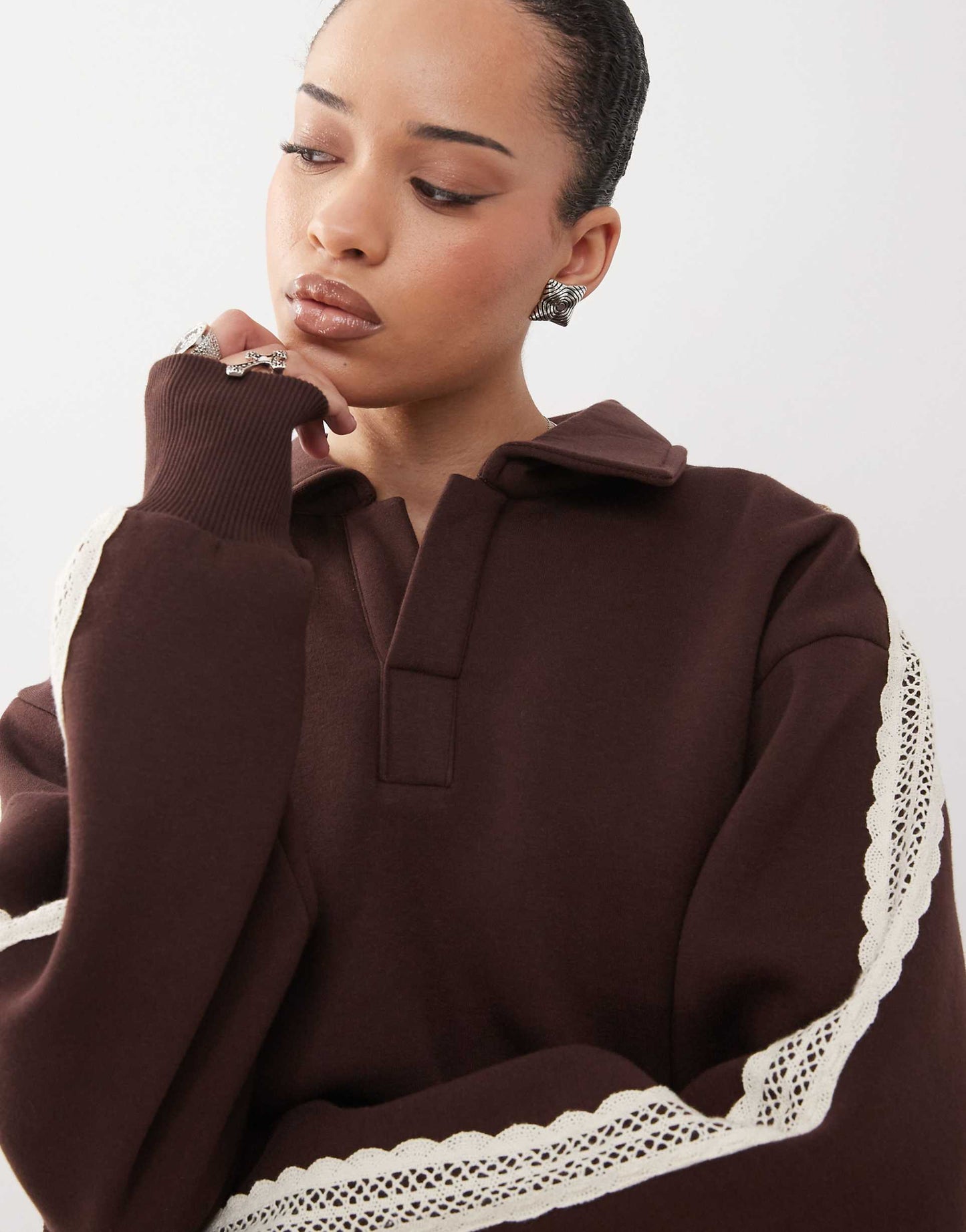 Unisex Lace Trim Polo Sweatshirt Co-Ord