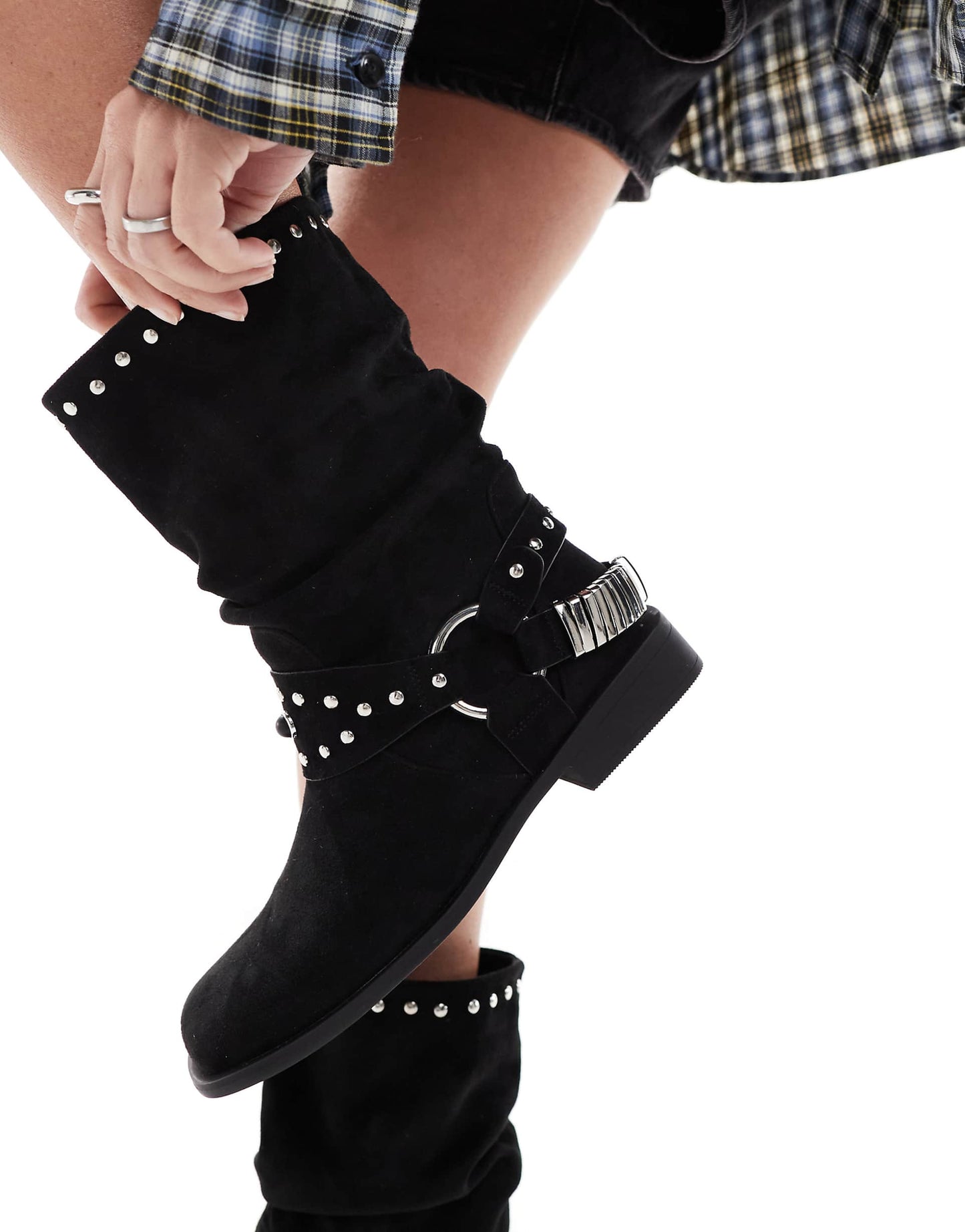 Alara Slouchy Flat Biker Boot With Hardware