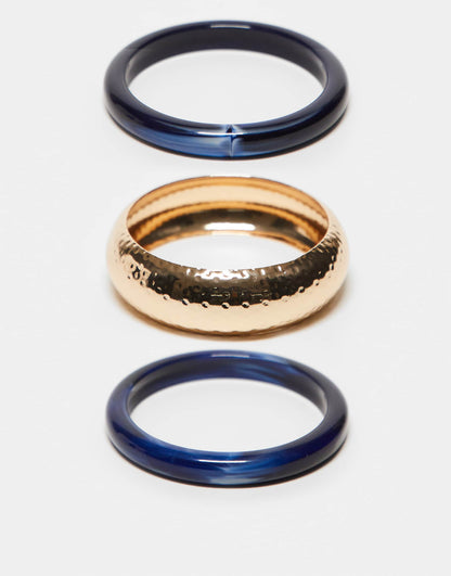 Pack Of 3 Bangles With Dark Blue Resin Detail