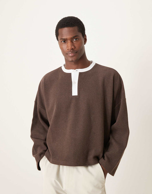 Super Oversized Cropped Lightweight Jumper With Contrast Henley Neck