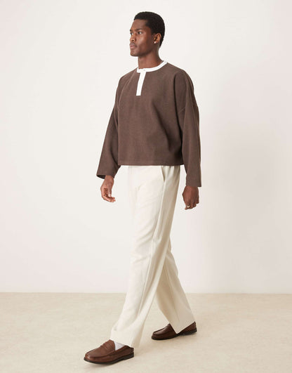 Super Oversized Cropped Lightweight Jumper With Contrast Henley Neck