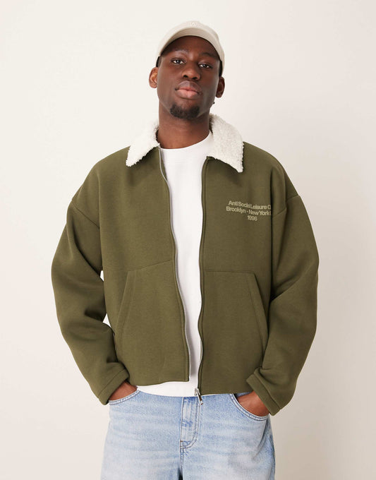 Oversized Jersey Coach Jacket With Borg Collar And Chest Print