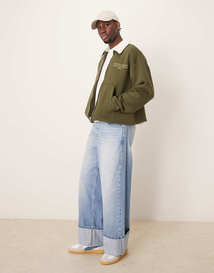 Oversized Jersey Coach Jacket With Borg Collar And Chest Print