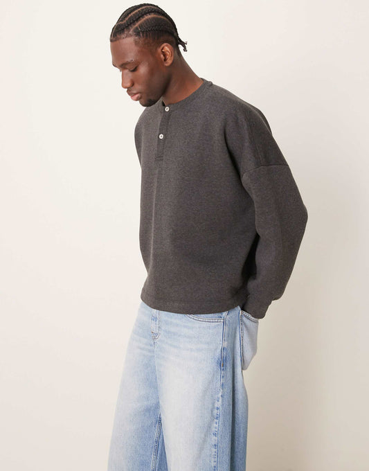 Super Oversized Boxy Sweatshirt With Henley Neck