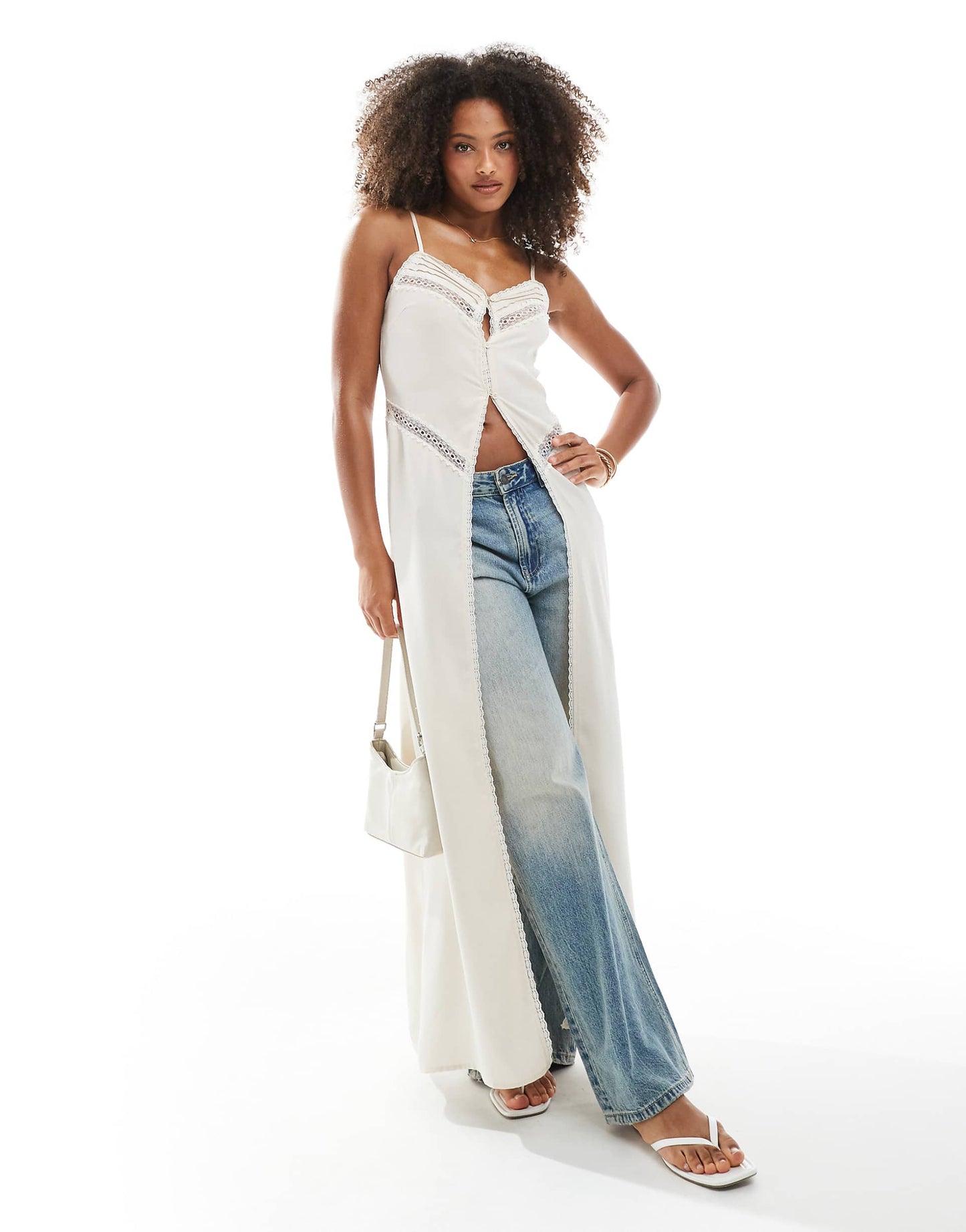 Boho Midaxi Open Front Cami Top With Lace Trim Inserts