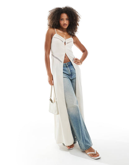 Boho Midaxi Open Front Cami Top With Lace Trim Inserts