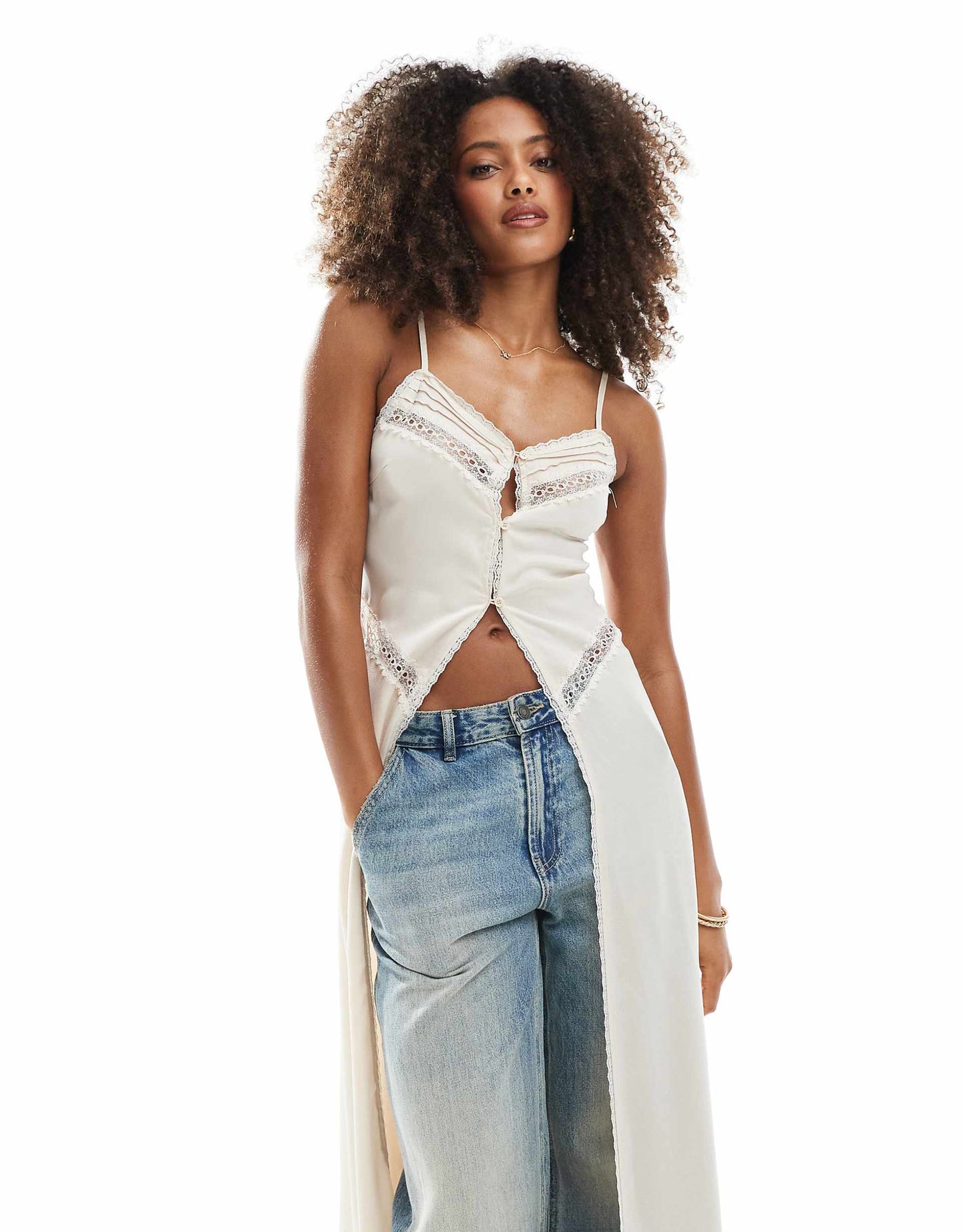 Boho Midaxi Open Front Cami Top With Lace Trim Inserts