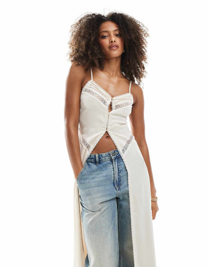 Boho Midaxi Open Front Cami Top With Lace Trim Inserts