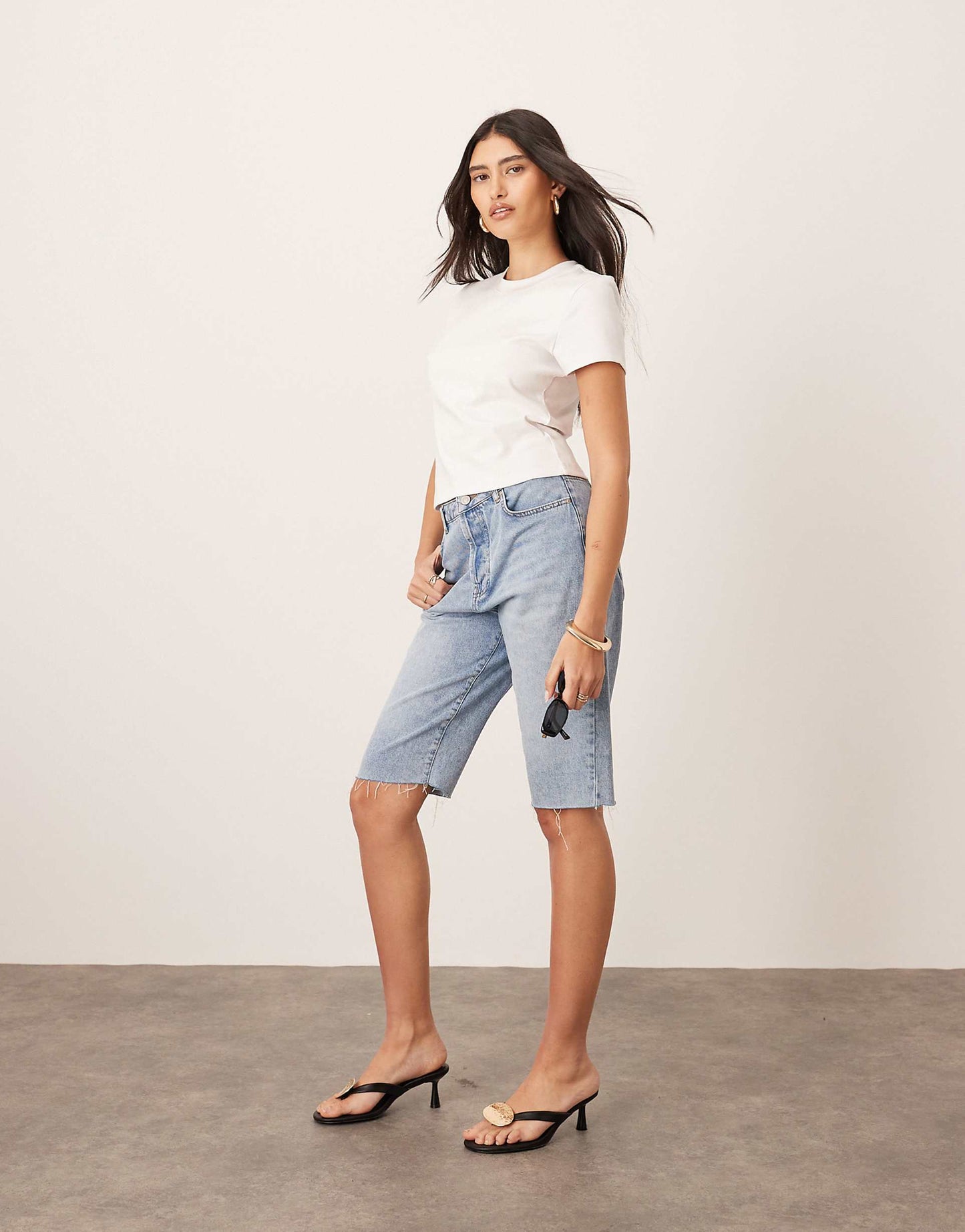 Cleo Denim Longline Short With Raw Hem