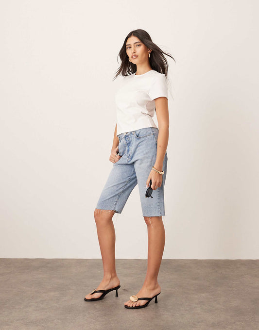 Cleo Denim Longline Short With Raw Hem