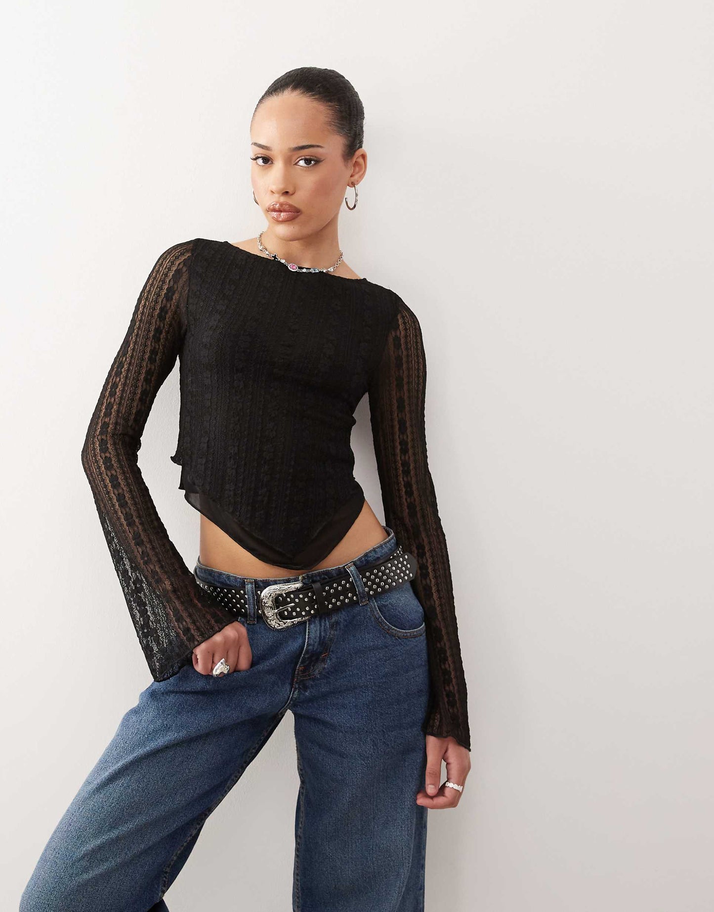 Malakai Lace Long Sleeve Asymmetric Hem Top