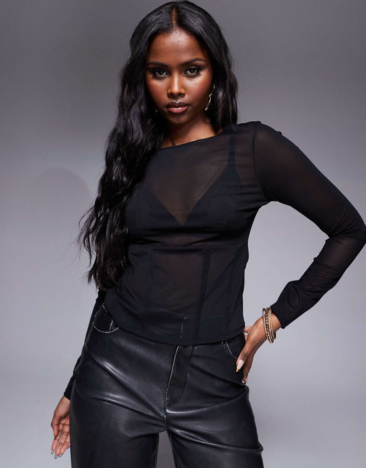 Structured Mesh Long Sleeve Top With Corset Seam Detailing