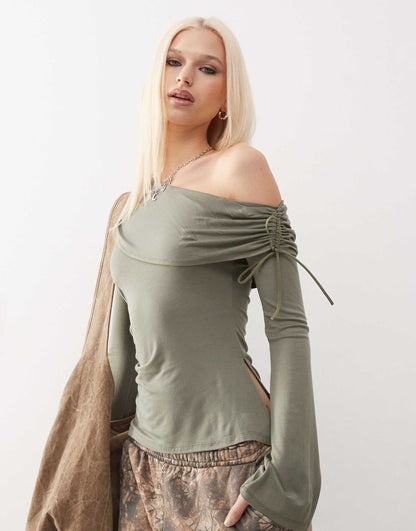 Asymmetric Long Sleeve Bow Detail Top