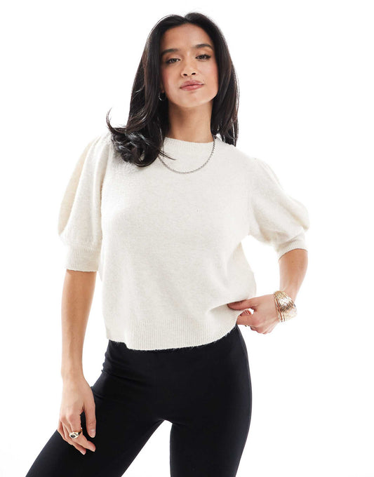 Petite Knitted Puff Sleeve T-Shirt