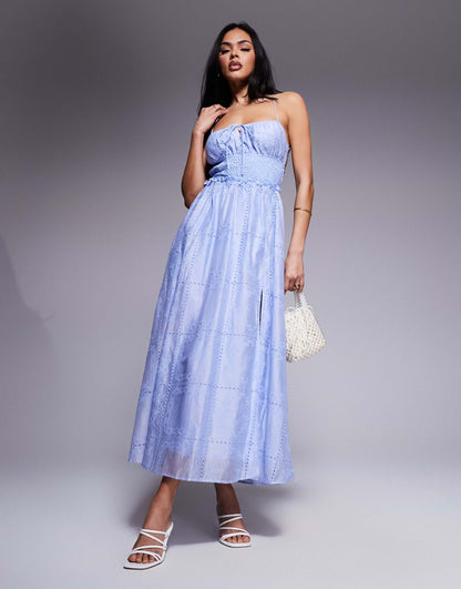 Embroidered Midaxi Dress With Shirred Waist And Lace Up Back