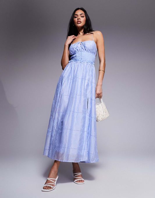 Embroidered Midaxi Dress With Shirred Waist And Lace Up Back