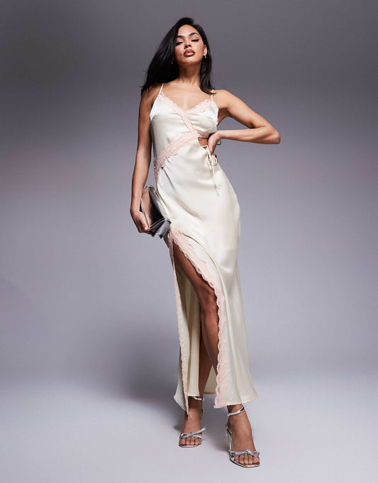Satin Cut-Out Maxi Dress With Lace Trim