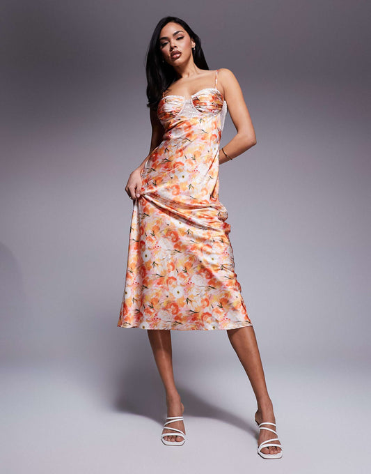 Satin Maxi Dress With Lace Trim Cups