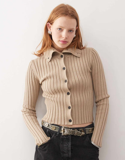 Jackie Chunky Rib Cardigan With High Neck
