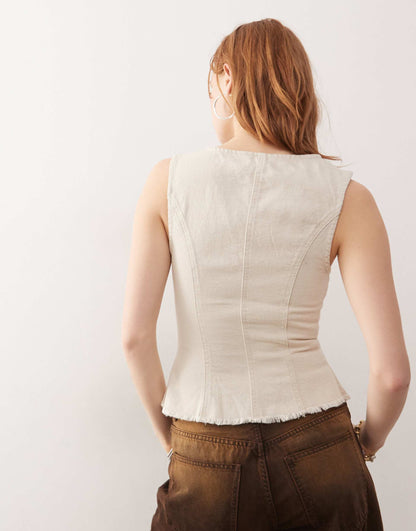 Romy Linen Blend Zip Through Waistcoat Top With Raw Hem Detail