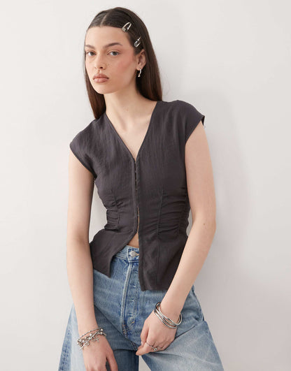Crinkle V Neck Top With And Hook And Eye Detail