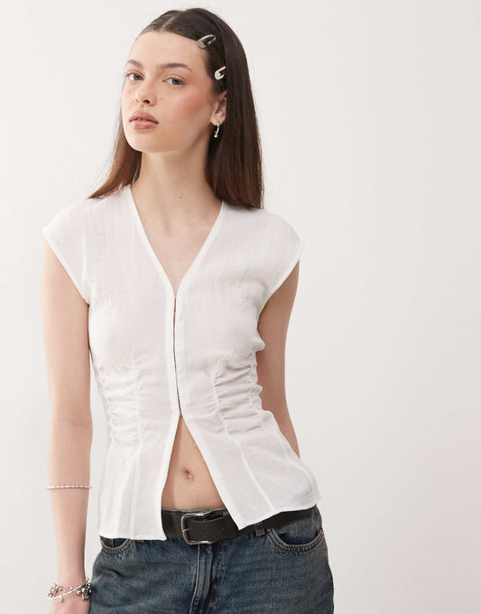 Crinkle V Neck Top With And Hook And Eye Detail