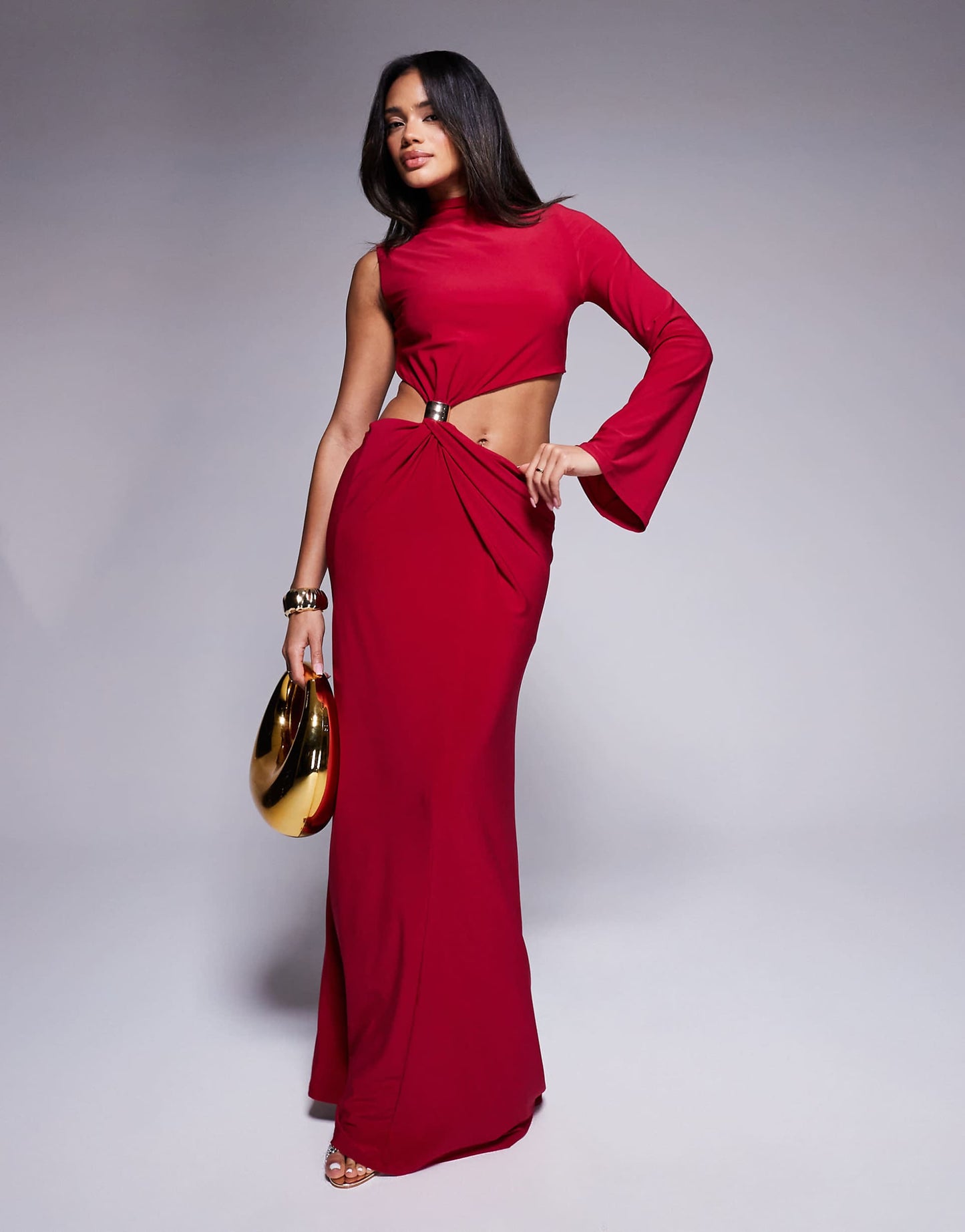 One Sleeve Trim Front Twisted Maxi Dress