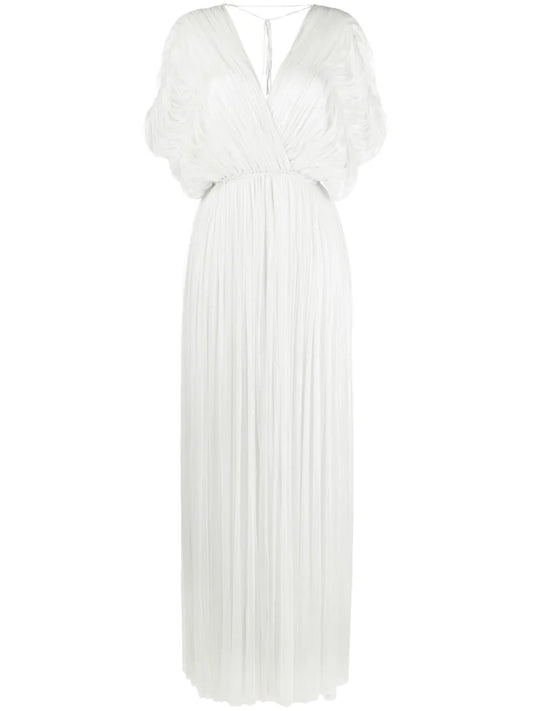 Gathered V-Neck Silk Maxi Dress