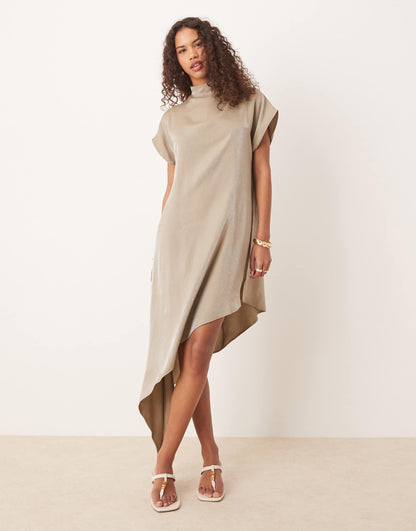 Asymmetric Cape Slash Neck Midi Dress