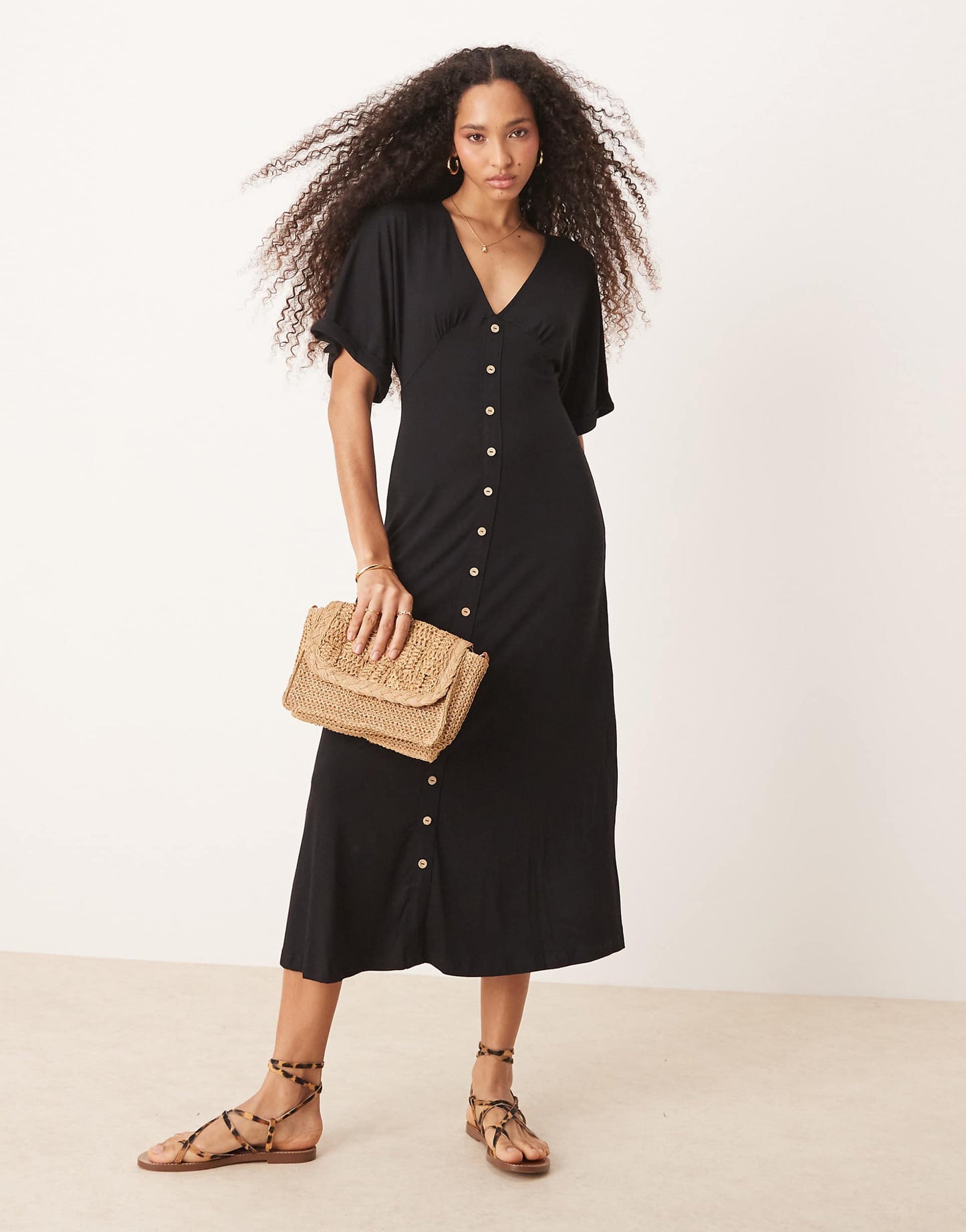 Roll Sleeve Button Front Midi Tea Dress