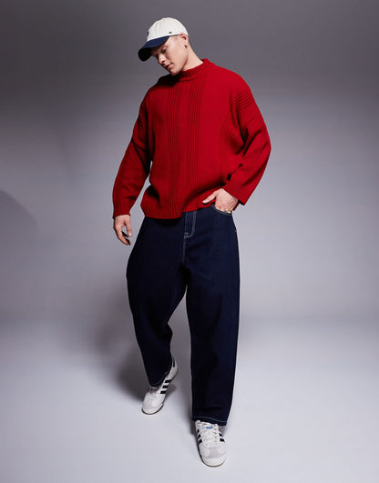 Super Oversized Boxy Fit Knitted Crew Neck Jumper With Rib Detail
