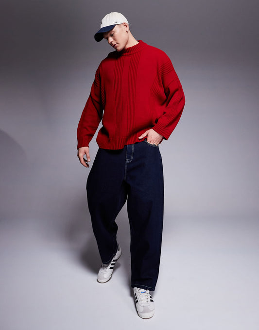 Super Oversized Boxy Fit Knitted Crew Neck Jumper With Rib Detail