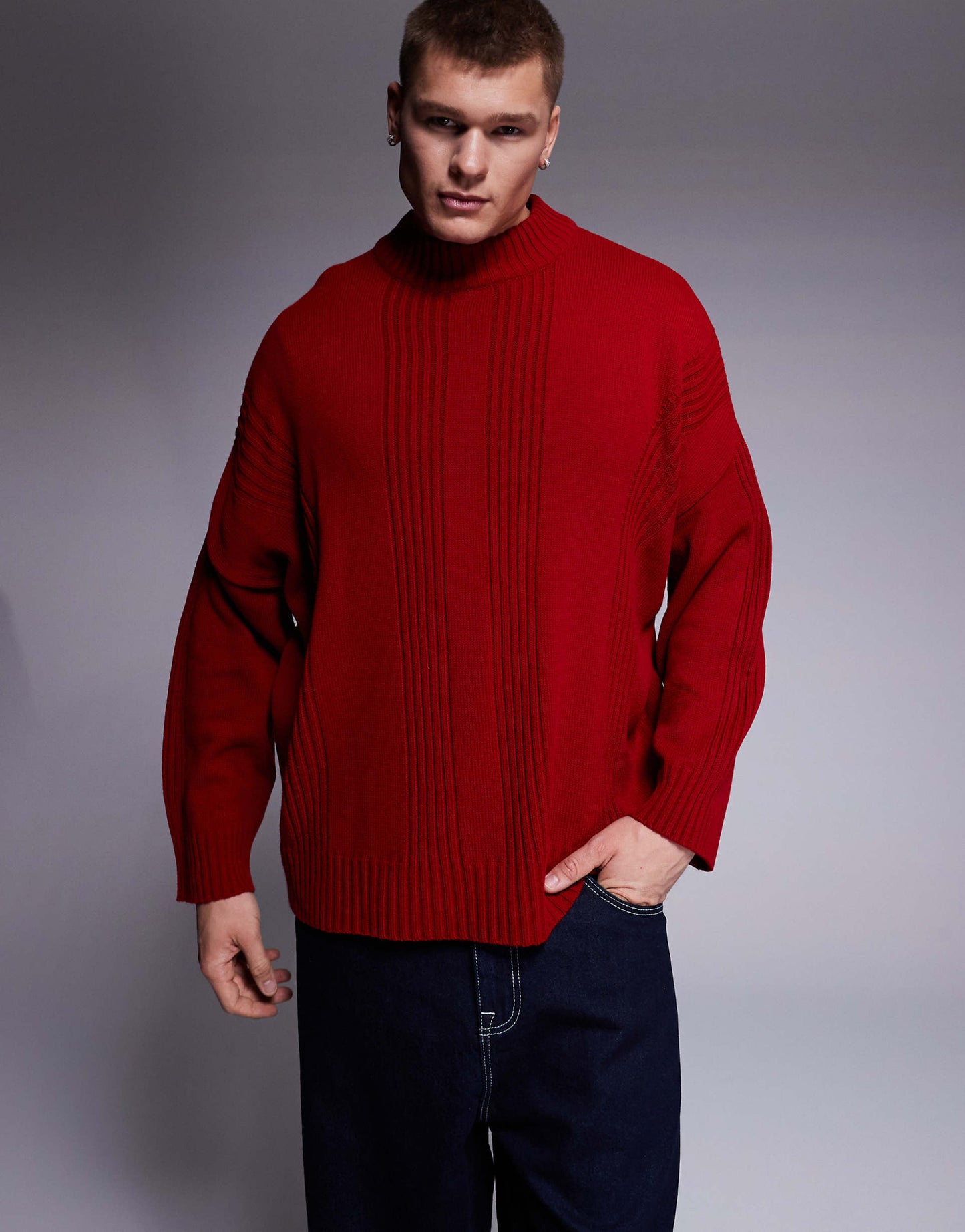 Super Oversized Boxy Fit Knitted Crew Neck Jumper With Rib Detail