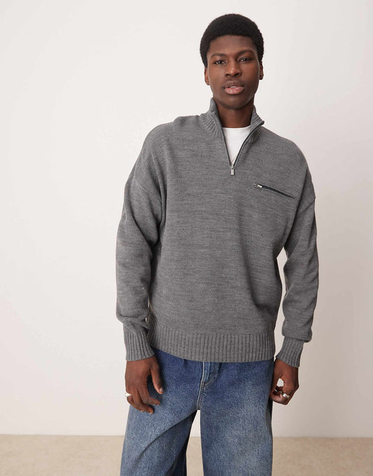 Oversized Knitted Quarter Zip Jumper With Zip Pocket
