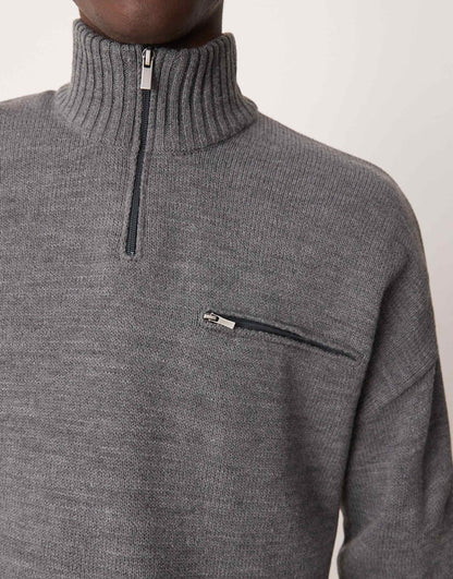 Oversized Knitted Quarter Zip Jumper With Zip Pocket