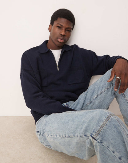 Oversized Knitted Quarter Zip Polo With Chest Pockets