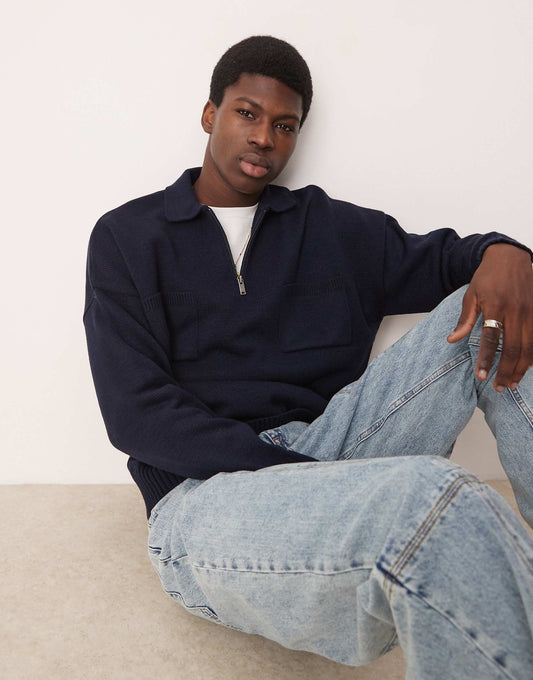 Oversized Knitted Quarter Zip Polo With Chest Pockets