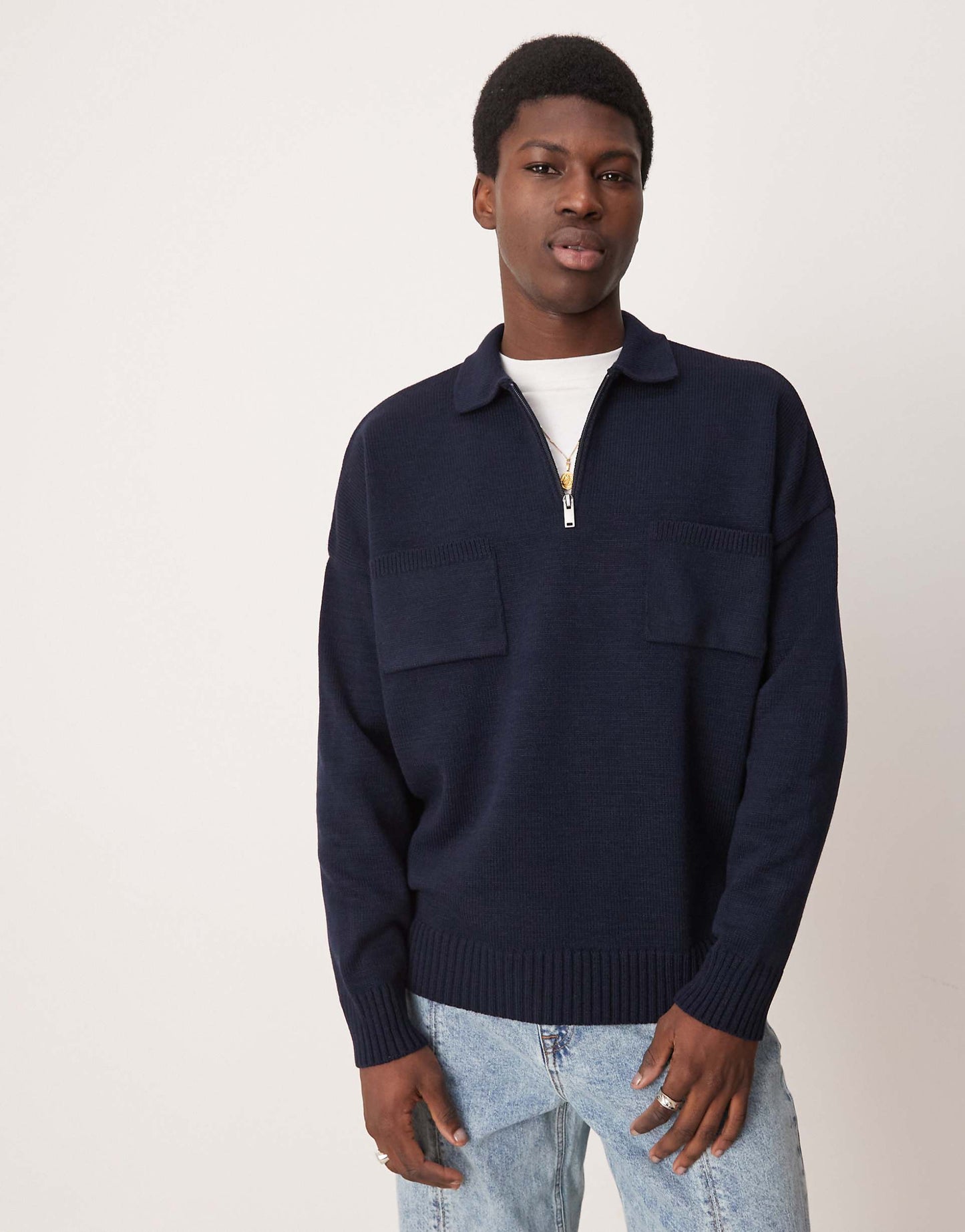 Oversized Knitted Quarter Zip Polo With Chest Pockets
