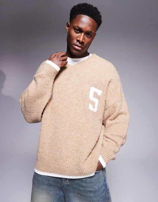Oversized Boxy Fit Textured Knitted V Neck Jumper With Chest Pattern And Tipping