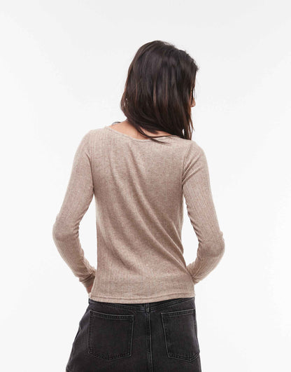 Mixed Ribbed Long Sleeve Top