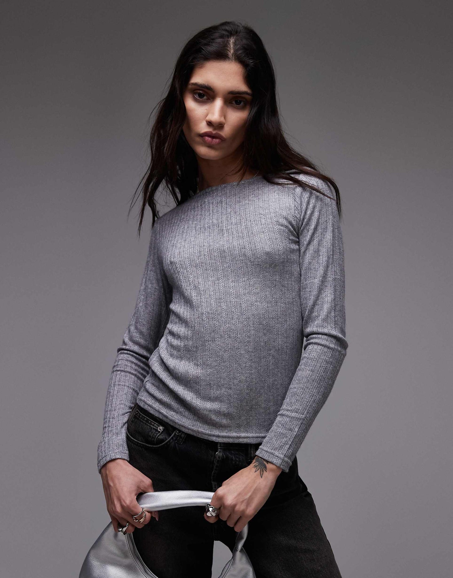Mixed Ribbed Long Sleeve Top